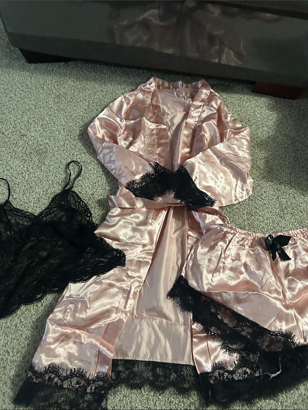 Silky Rose Pink Satin Sleep Set with Black Lace Trim